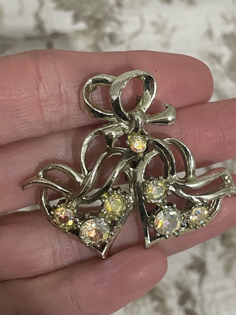 Vintage Silver-Tone Crystal Bow & Hearts Brooch